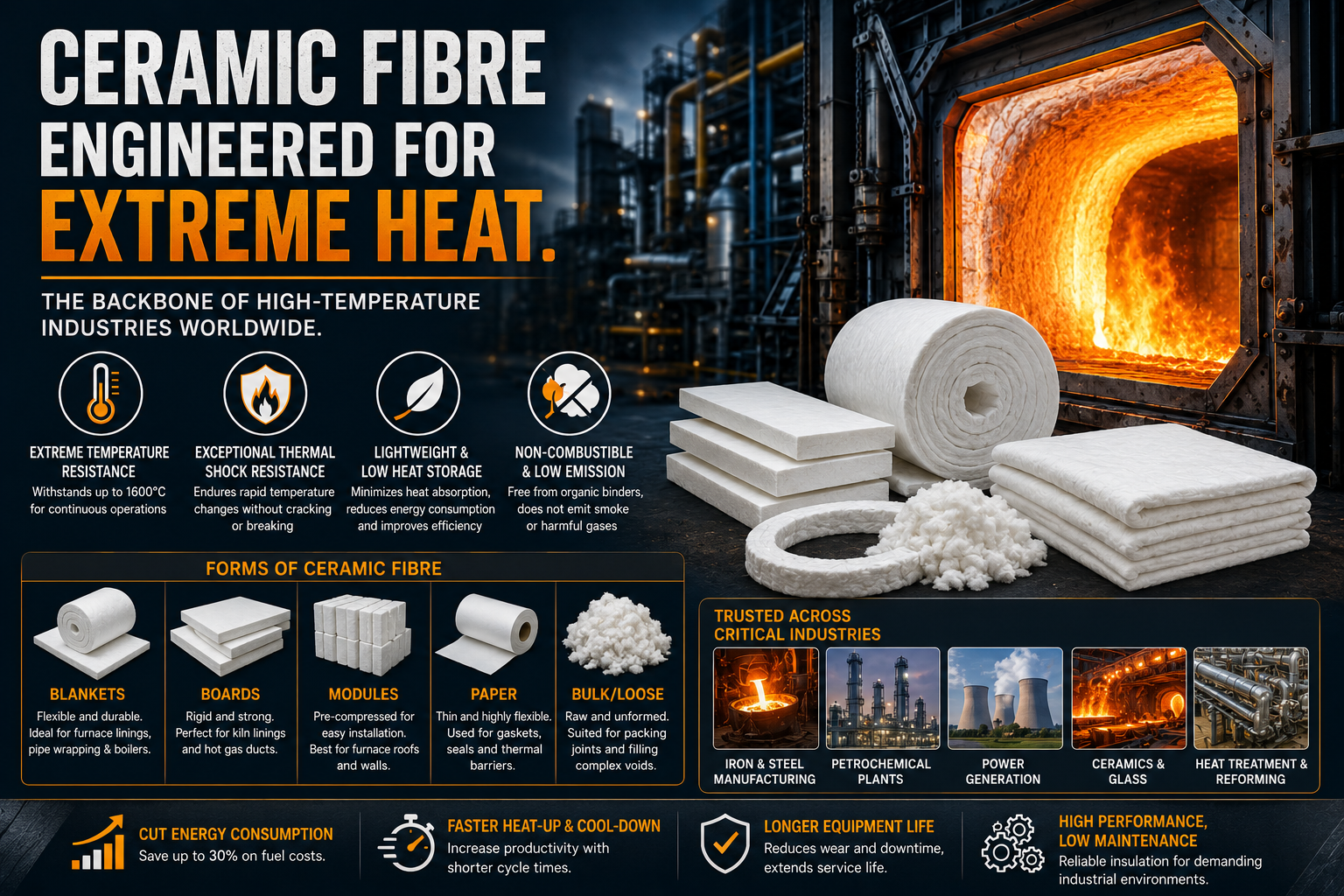 Industrial furnace operating at extreme temperatures, efficiently insulated with lightweight ceramic fibre.