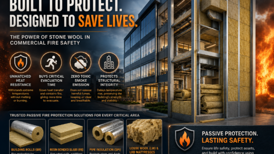 Modern commercial building construction site highlighting the importance of passive fire protection and life safety.