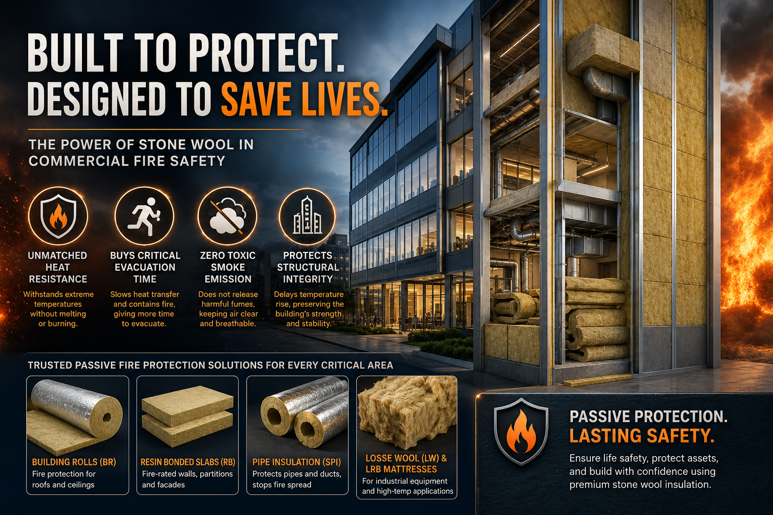 Modern commercial building construction site highlighting the importance of passive fire protection and life safety.